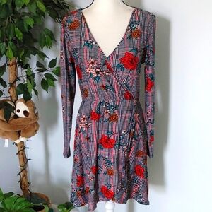 Derek Heart Floral Houndstooth Faux Wrap Dress L